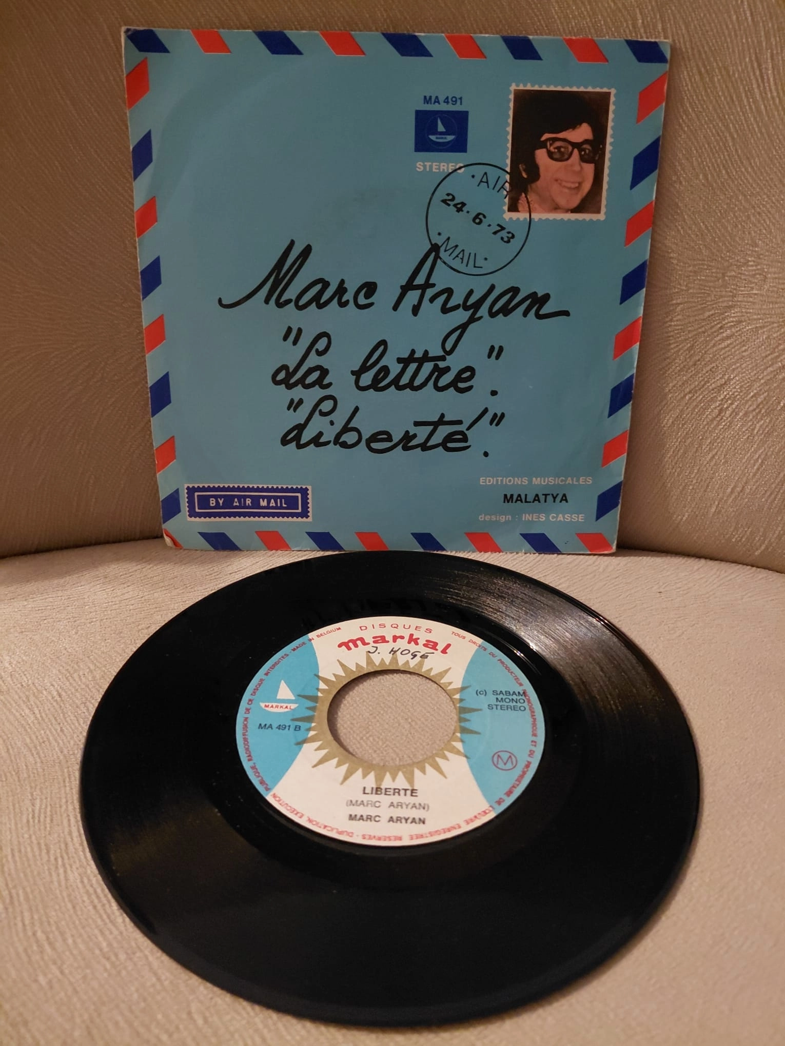 Marc Aryan  –  La Lettre / Liberté -  1973  Belçika Basım 45lik Plak - Dönem Basımdır