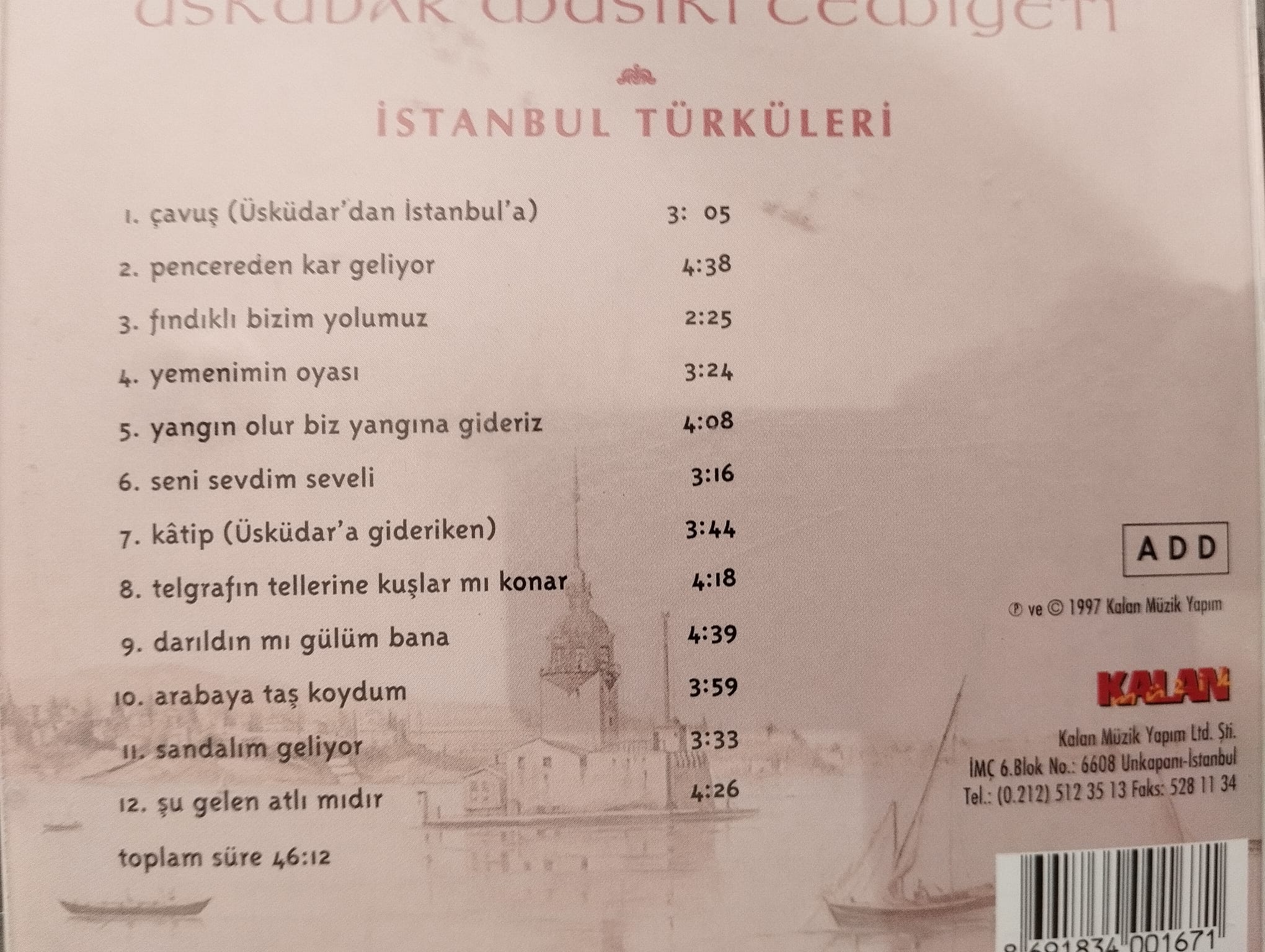 İstanbul Türküleri - Üsküdar Musiki Cemiyeti - Türkiye Basım 2. El  CD Albüm