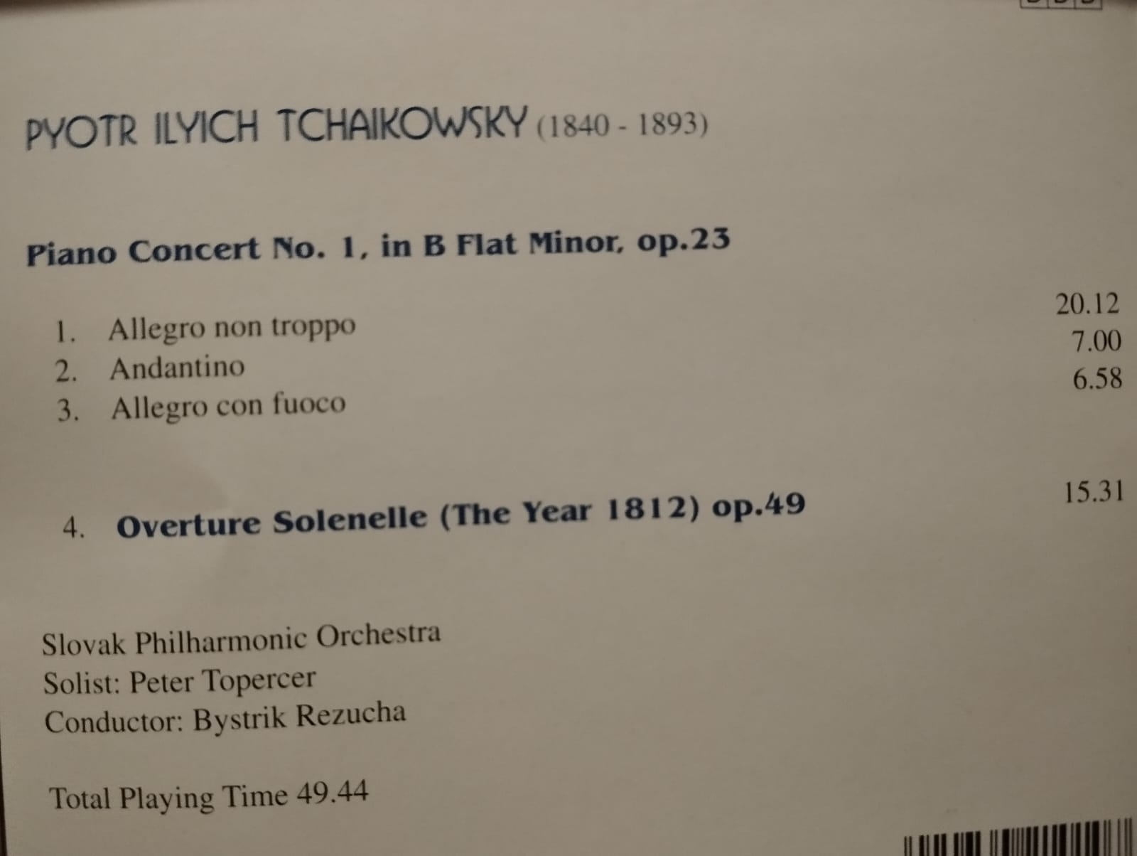 Tchaikowsky – Piano Concert No. 1 / Overture Solene - Almanya Basım 2. El CD Albüm