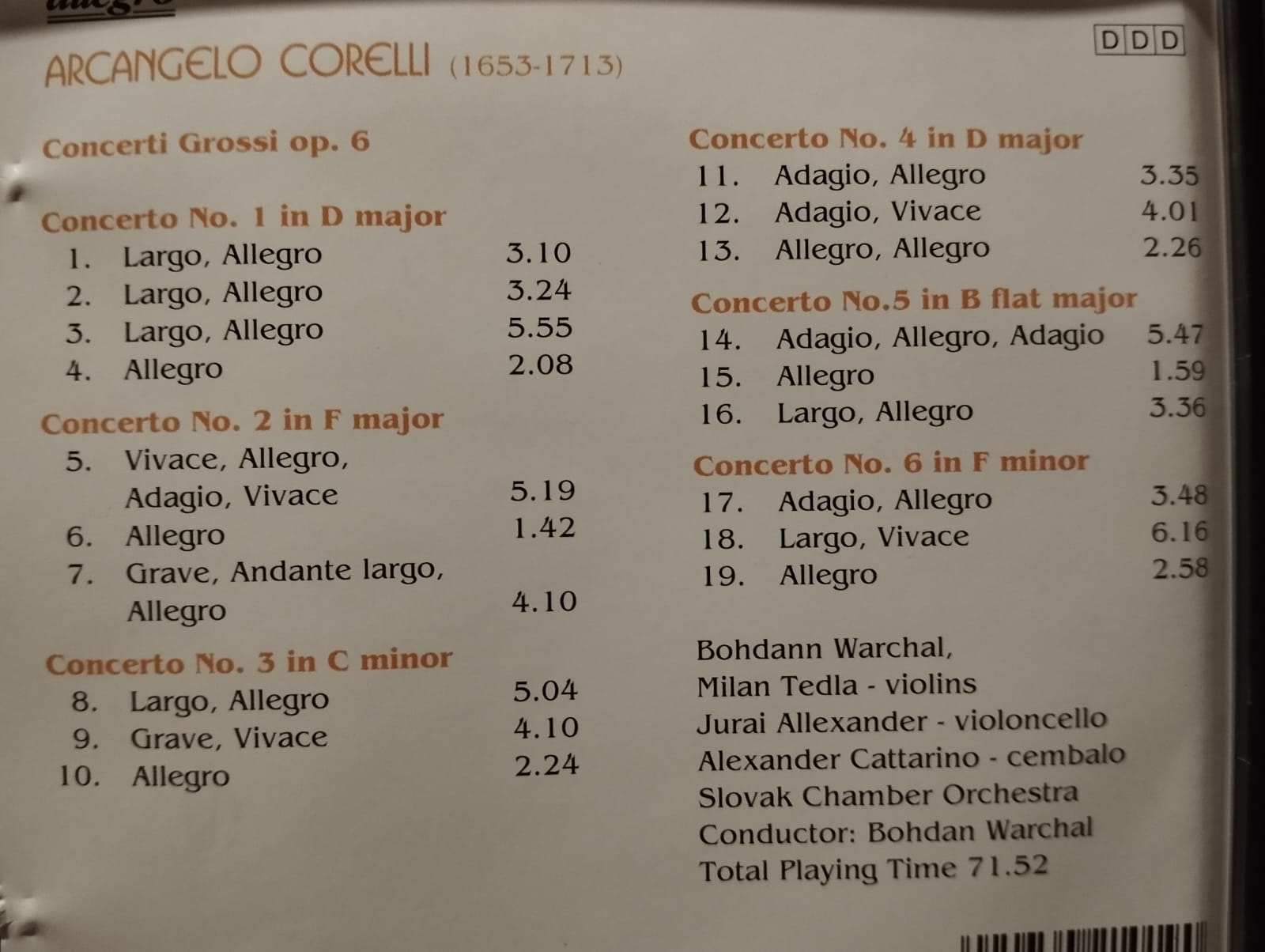 Arcangelo Corelli – Concerti Grossi Op. 6, Nos. 1-6 - Almanya Basım 2. El CD Albüm