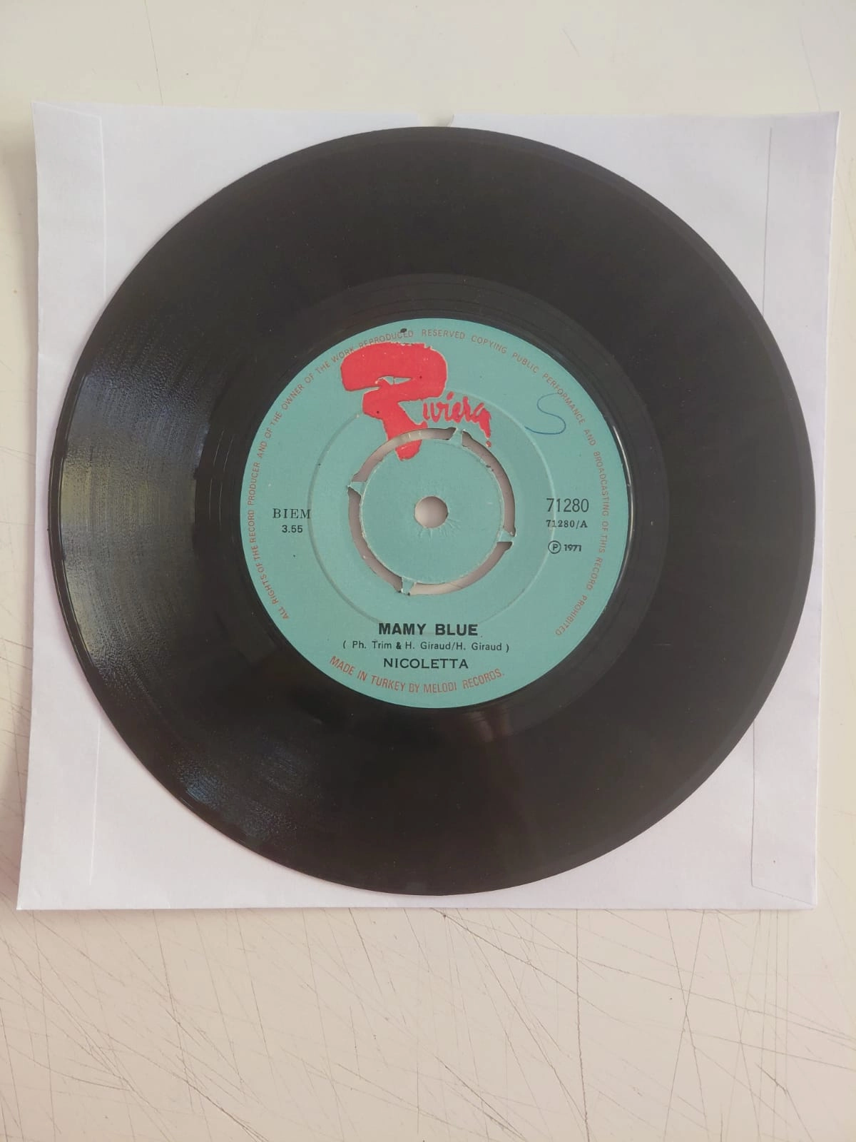 Nicoletta –  Mamy Blue  - 1971  Türkiye Basım 45’lik Plak/Kapaksız-2.el