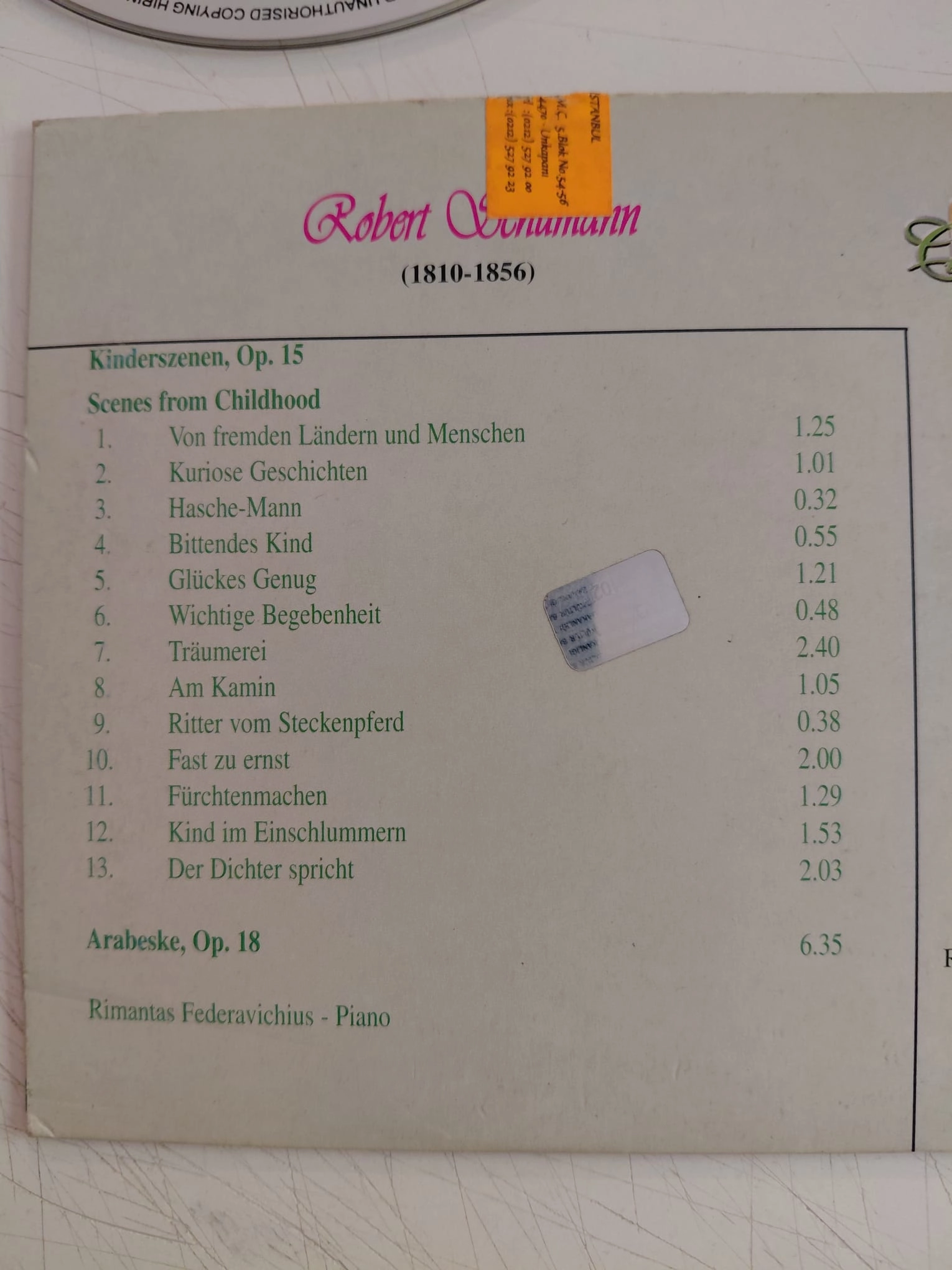 Schumann  - Kinderszenen op.15 /Arabeske op.18 -  Avrupa Basım  CD Albüm-2.el