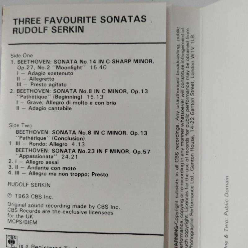 Beethoven  / Rudolf Serkin – Sonata No. 14, Sonata No. 8, Sonata No. 23  –  1963 İngiltere Basım 2. El Kaset