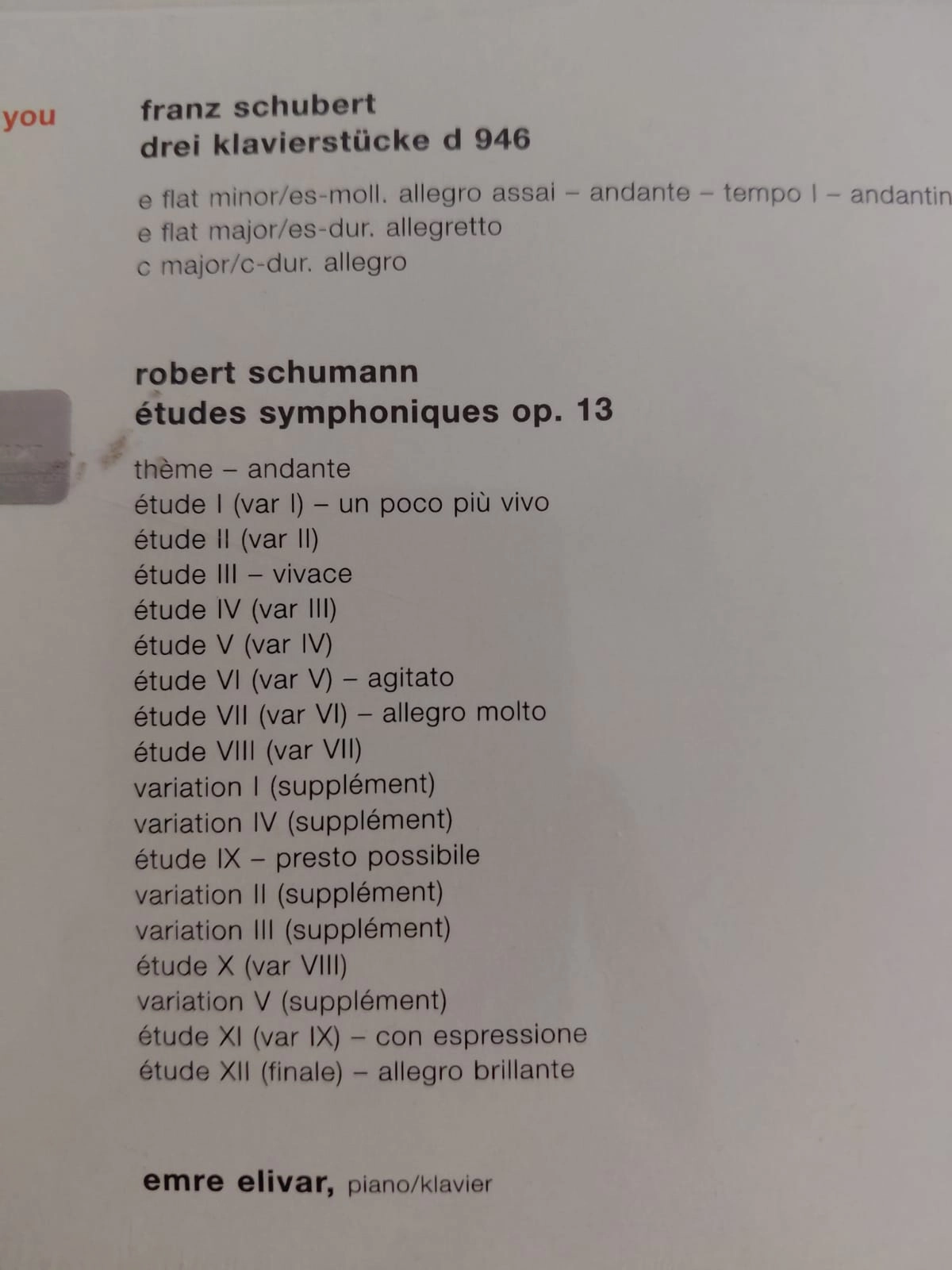 Fransz Schubert / Robert Schumann - Emre Elivar -  2009 Avrupa Basım  CD/Açılmamış Ambalajlı