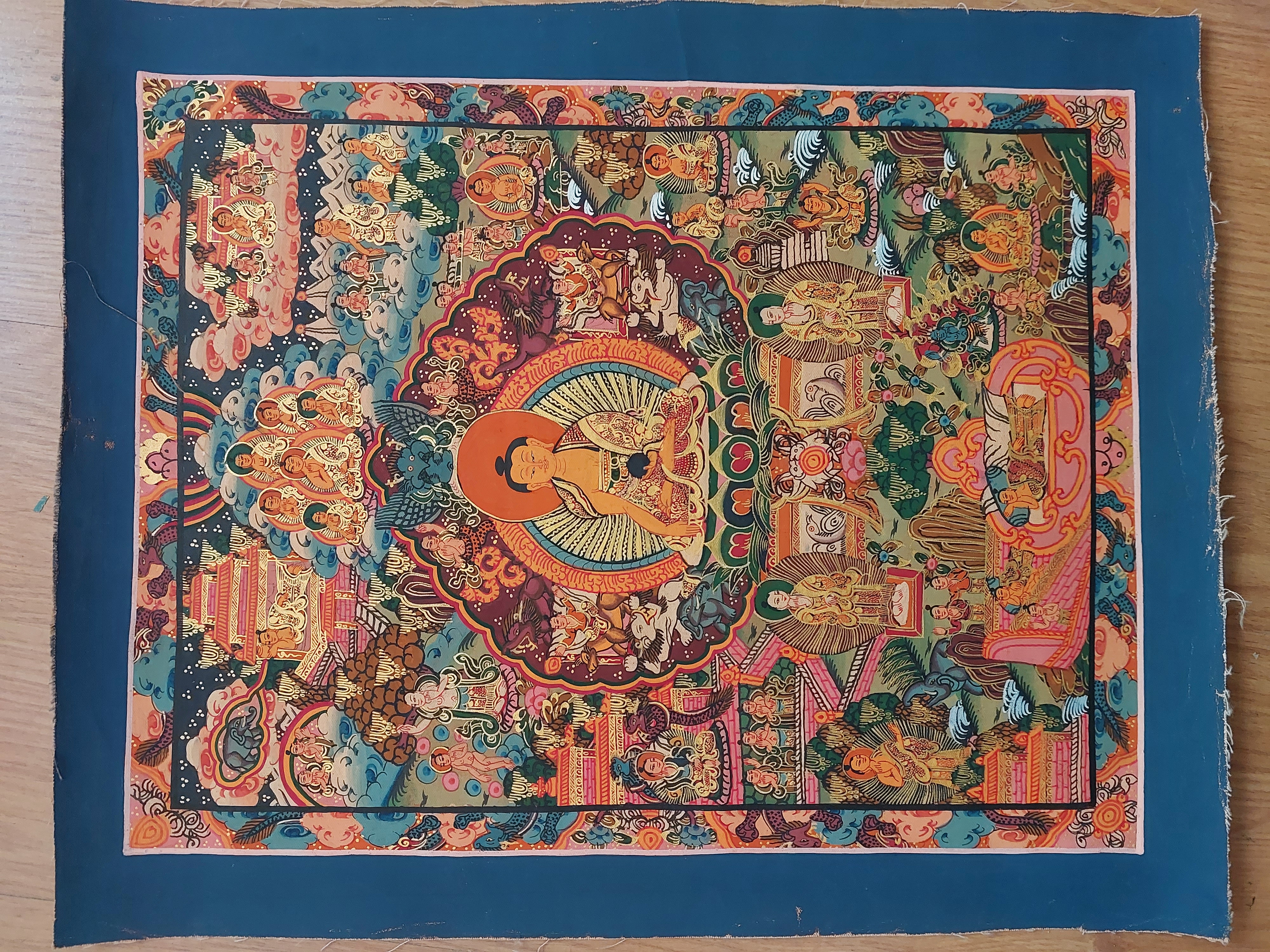 ORJİNAL NEPAL EL YAPIMI MANDALA ( BUDHA NIN HAYATI ) -Simli Boyalarla Çizilmiş,Meditatif 34cmX40cm Ebatlarında