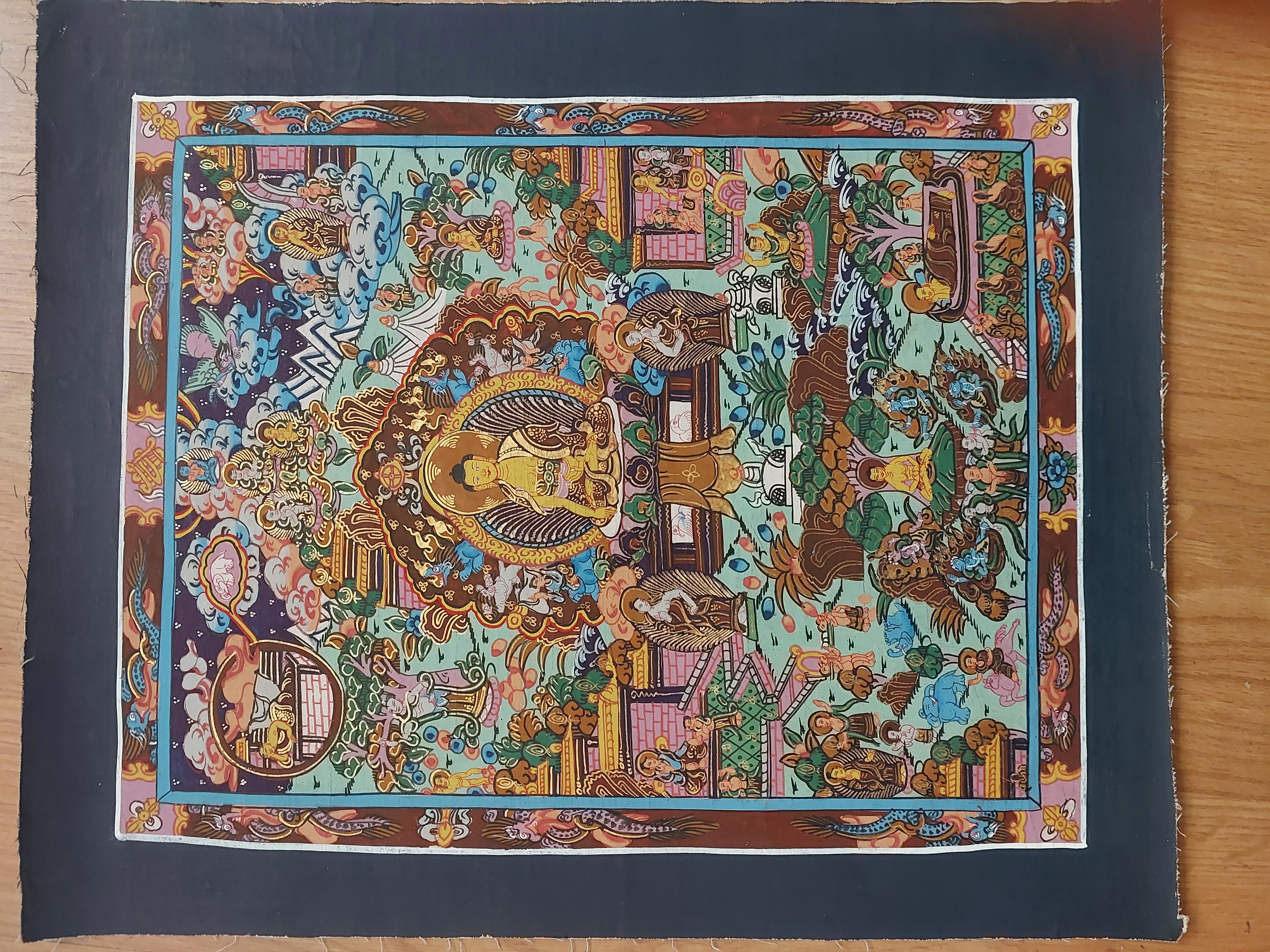 ORJİNAL NEPAL EL YAPIMI MANDALA ( BUDHA NIN HAYATI ) -Simli Boyalarla Çizilmiş,Meditatif 34cmX40cm Ebatlarında