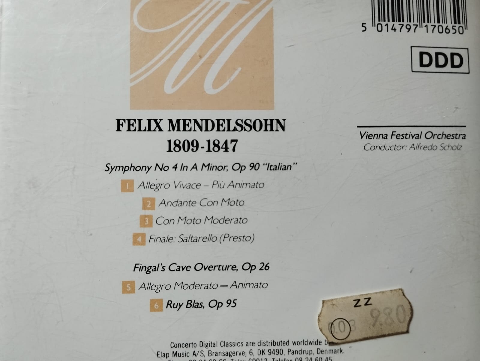 Mendelssohn / Symphony No 4 Italian Fingals Cave Overture - Avrupa Basım 2. El CD Albüm