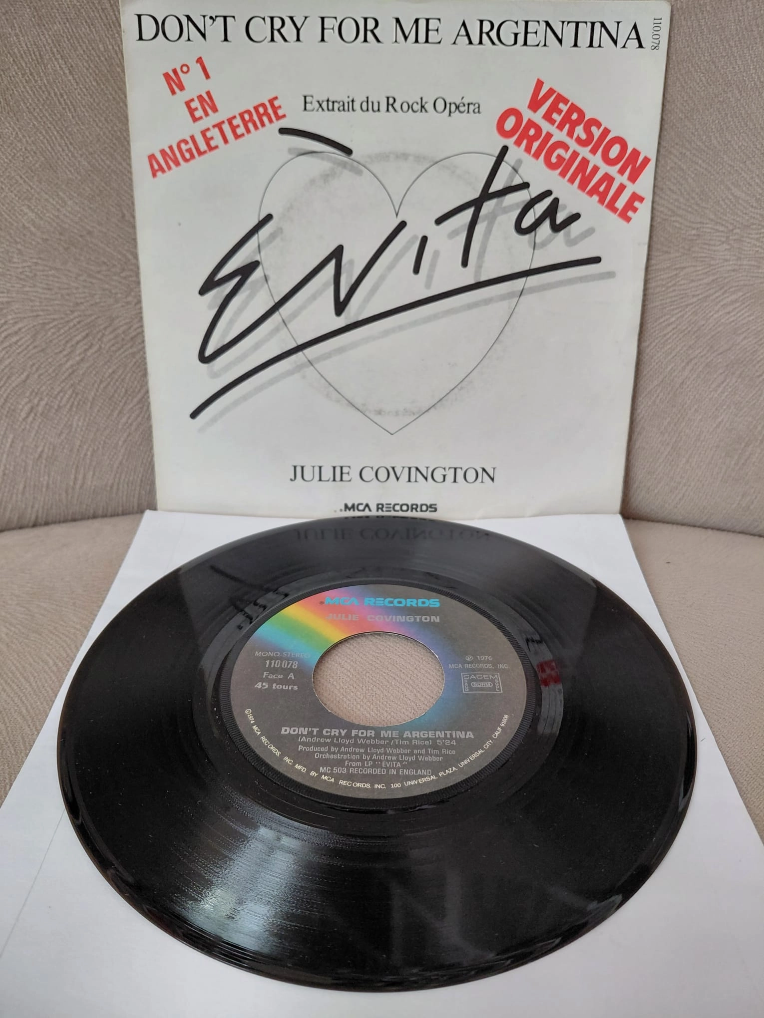 Julie Covington  – Don’t Cry For Me Argentina ( Evita ) -  1976  Fransa Basım 45 lik Plak