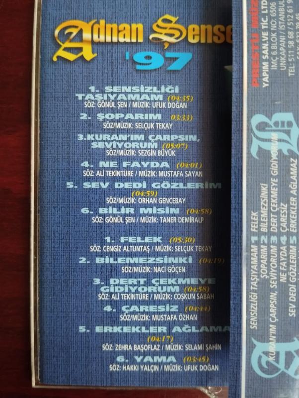 Adnan Şenses - Sensizliği Taşıyamam -  1997 Türkiye Basım  Kaset Albüm-2.EL