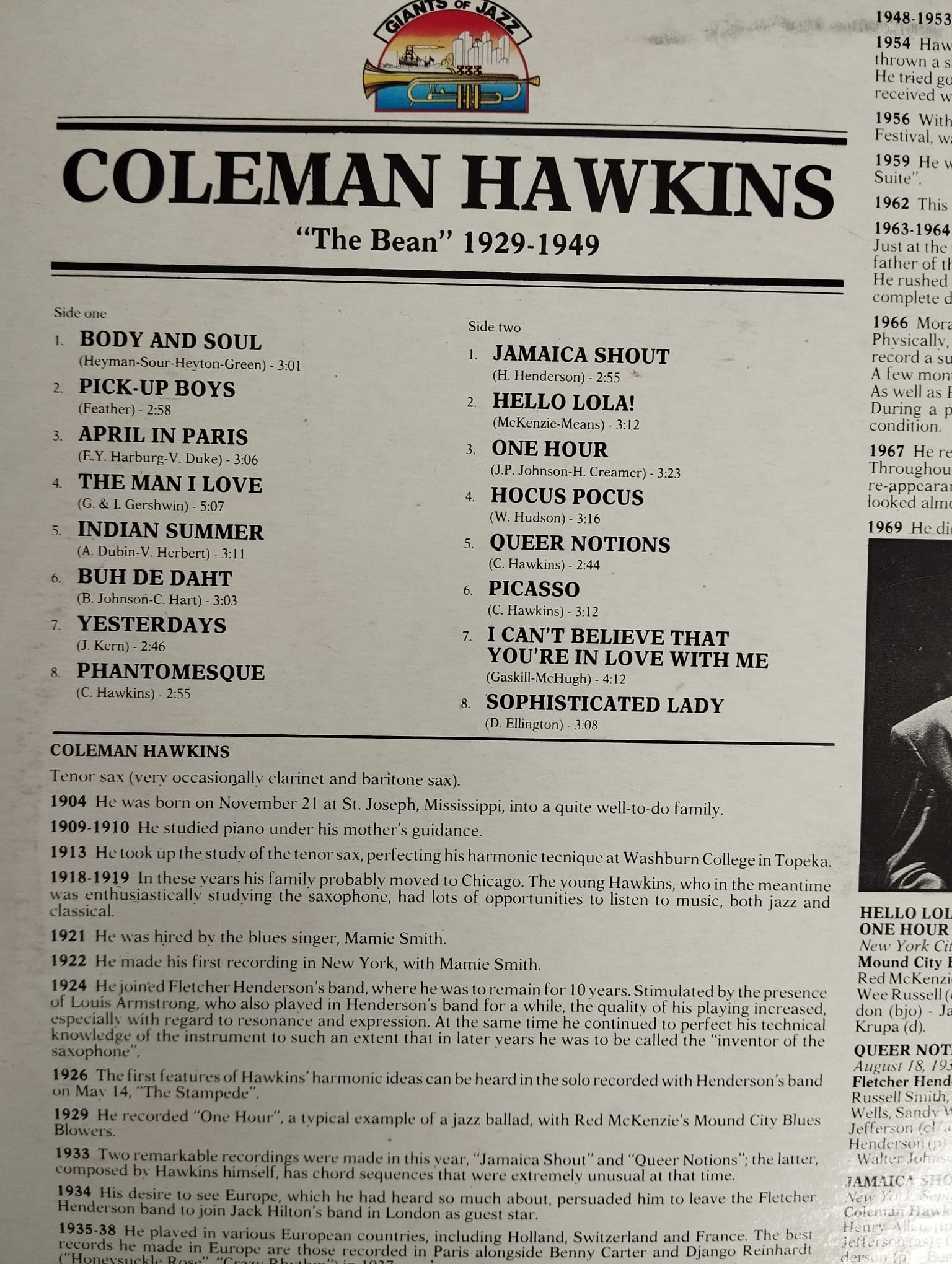 Coleman Hawkins - The Bean - 1986  İtalya  Basım LP Plak Albüm-2.el