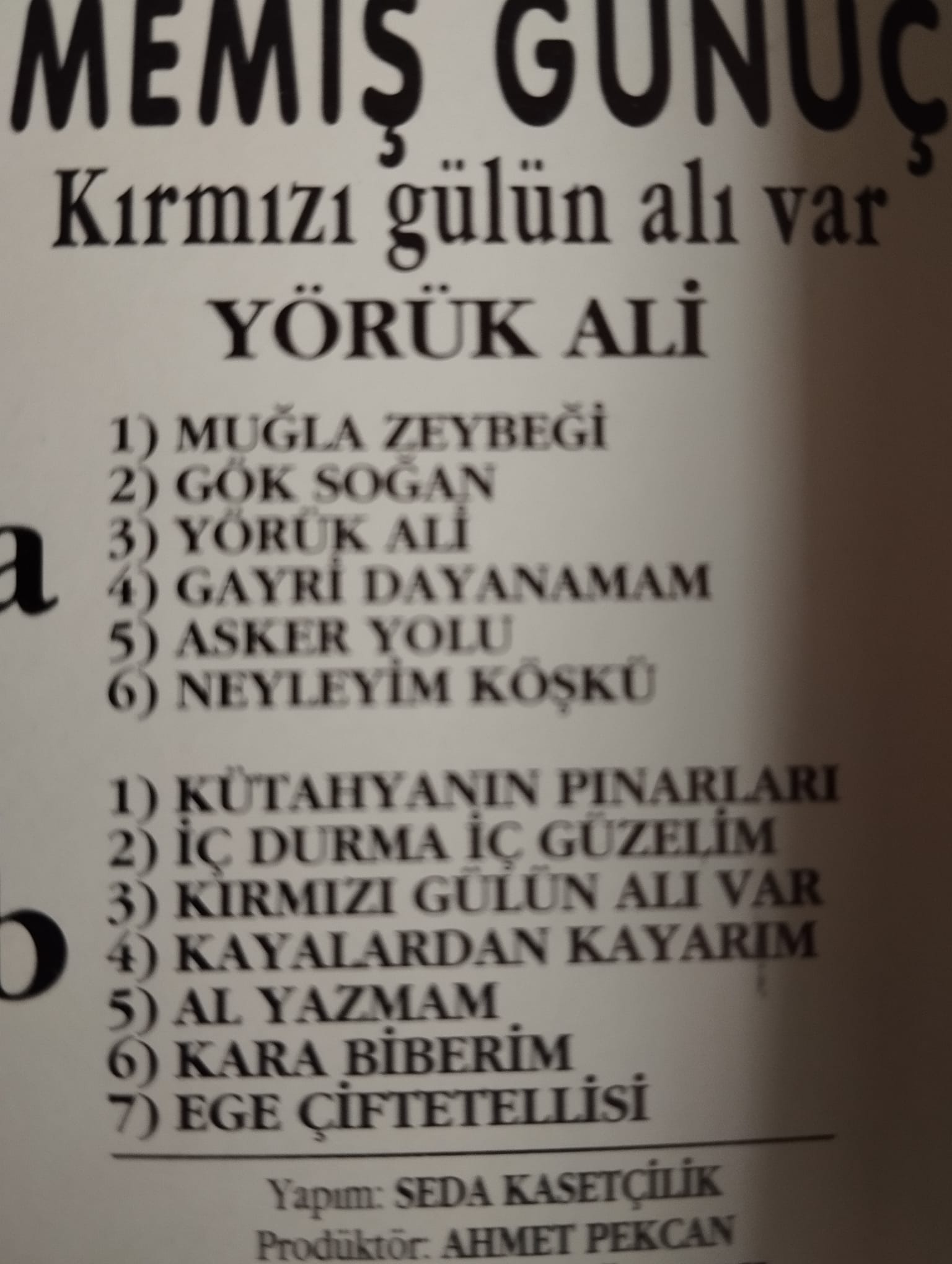 Muğlalı Memiş Günüç - Yörük Ali/Kırmızı gülün adı var -  1994 Türkiye Basım  Kaset Albüm-2.EL
