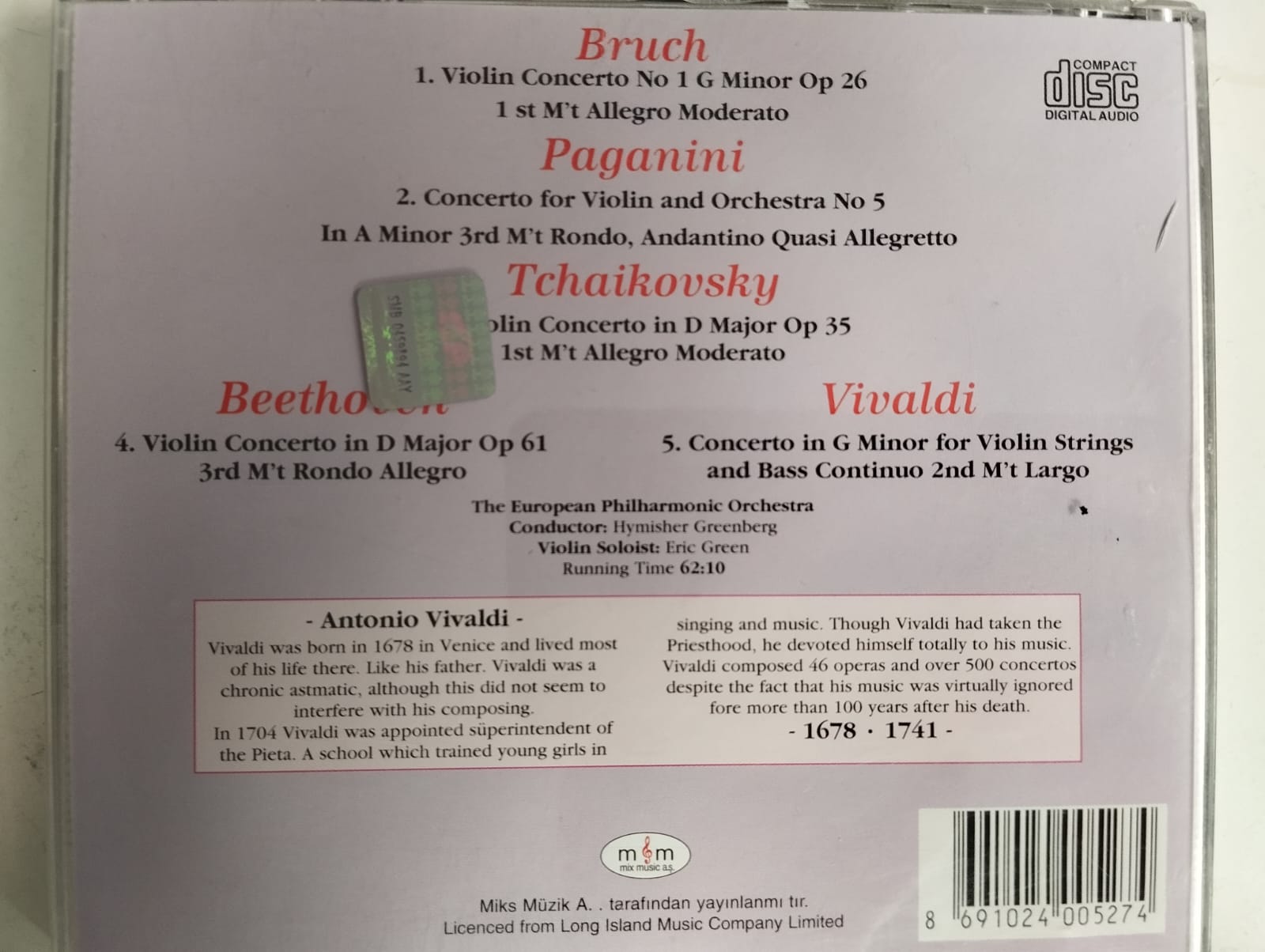 Bruch/Paganini/Tchaikovsky/Beethoven/Vivaldi - Virtuoso Violin - Türkiye Basım - 2. El CD Albüm