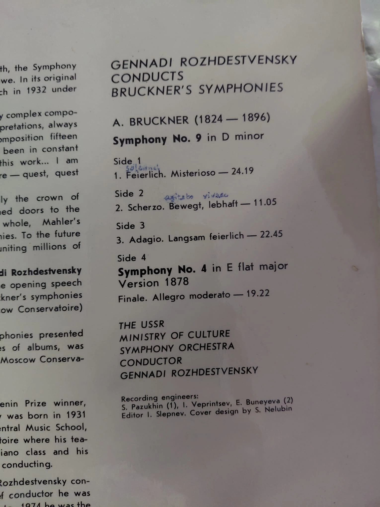 A.Bruckner / Symphony No.9 - Gennady Rozhdestvensk  - 1985 USSR Basım 2xLP Plak Albüm-2.el