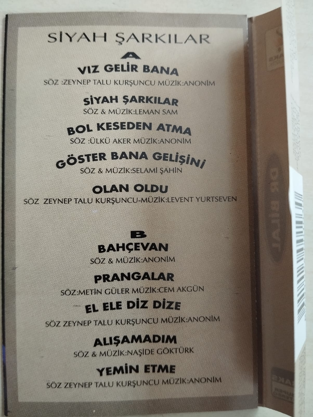 Dr. Bilal  – Siyah Şarkılar - 1994 Türkiye Basım  Kaset Albüm-2.EL