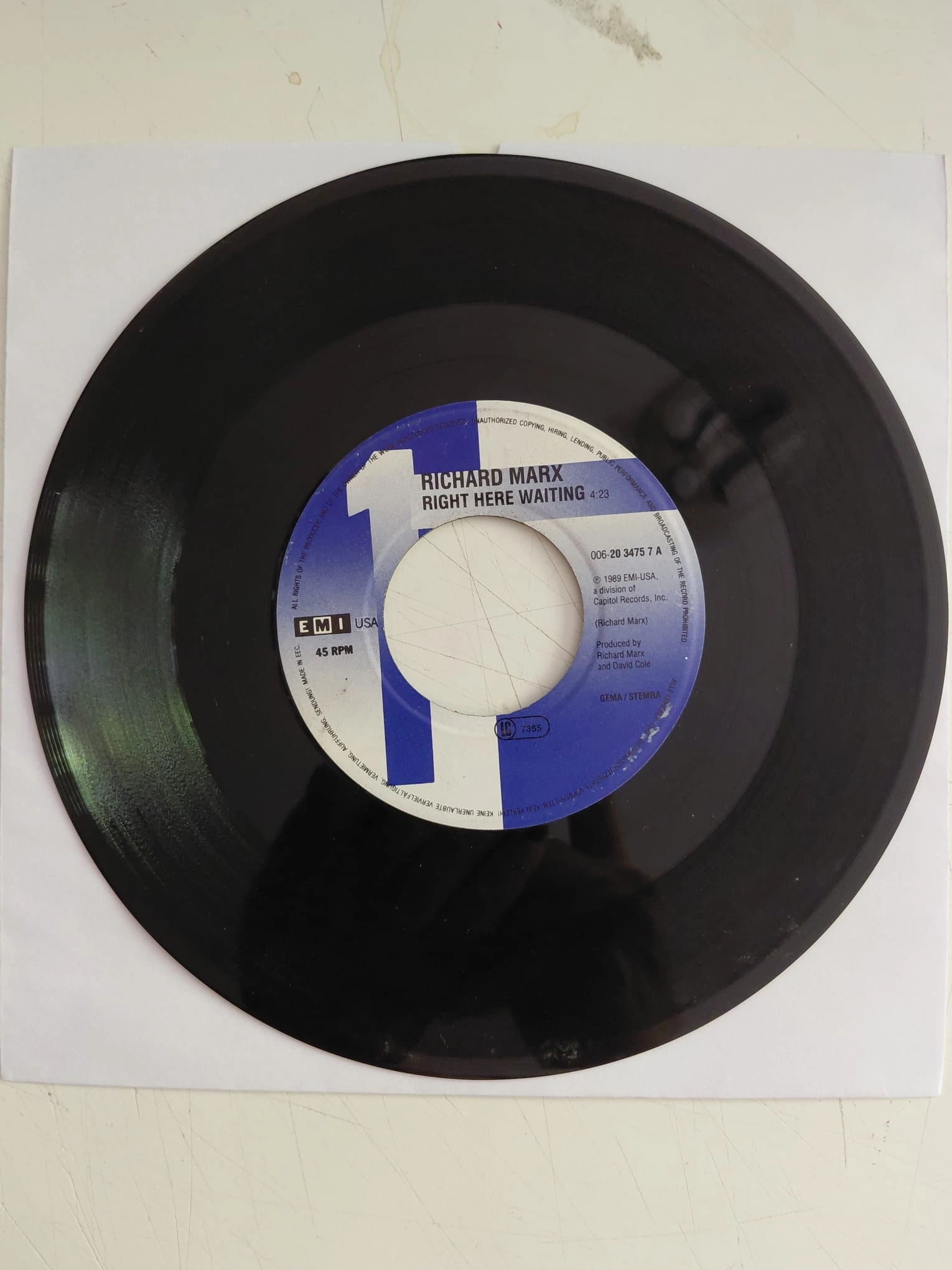 Richard Marx – Right Here Waiting  - 1989  Almanya Basım 45 LİK Plak /Kapaksız-2.el