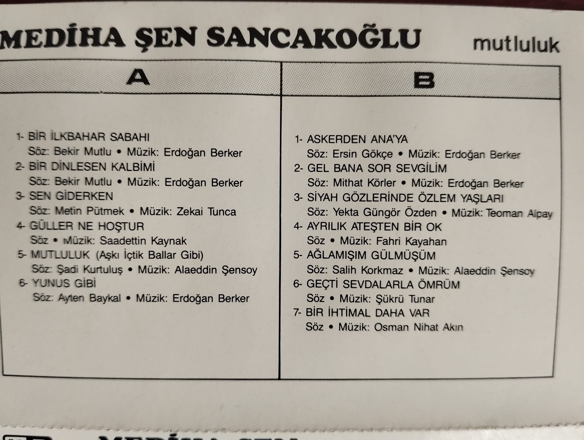 Mediha Şen Sancakoğlu – Mutluluk  -  Almanya Basım  Nadir Kaset / Bayar Müzik-2.EL