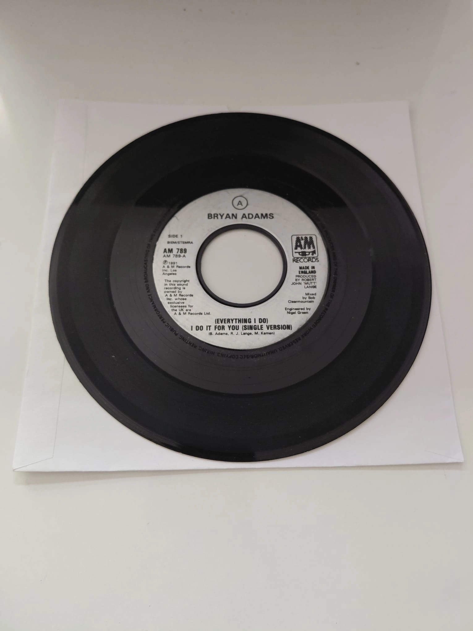 Bryan Adams  –  (Everything I Do) I Do It For You  - 1991  İngiltere Basım 45’lik  Plak /Kapaksız