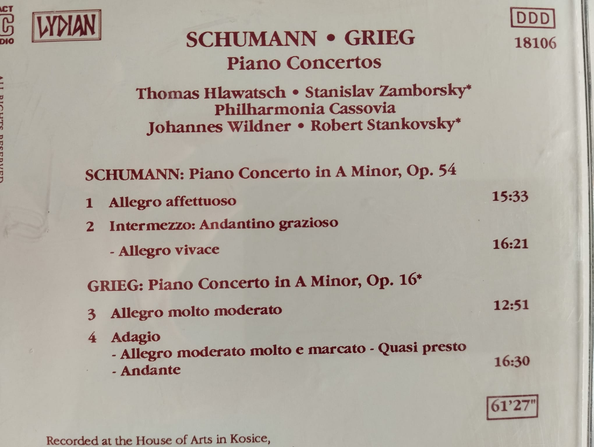 Schumann- Grieg Piano Concertos /Thomas Hlawatsch - Stanislav Zamborsky - Almanya Basım -2.El CD 