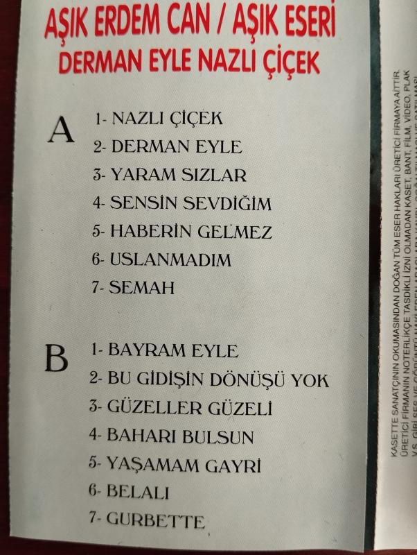 Aşık Erdem Can / Aşık Eseri  – Derman Eyle Nazlı Çiçek  -  2000 Türkiye Basım Kaset Albüm -2.EL