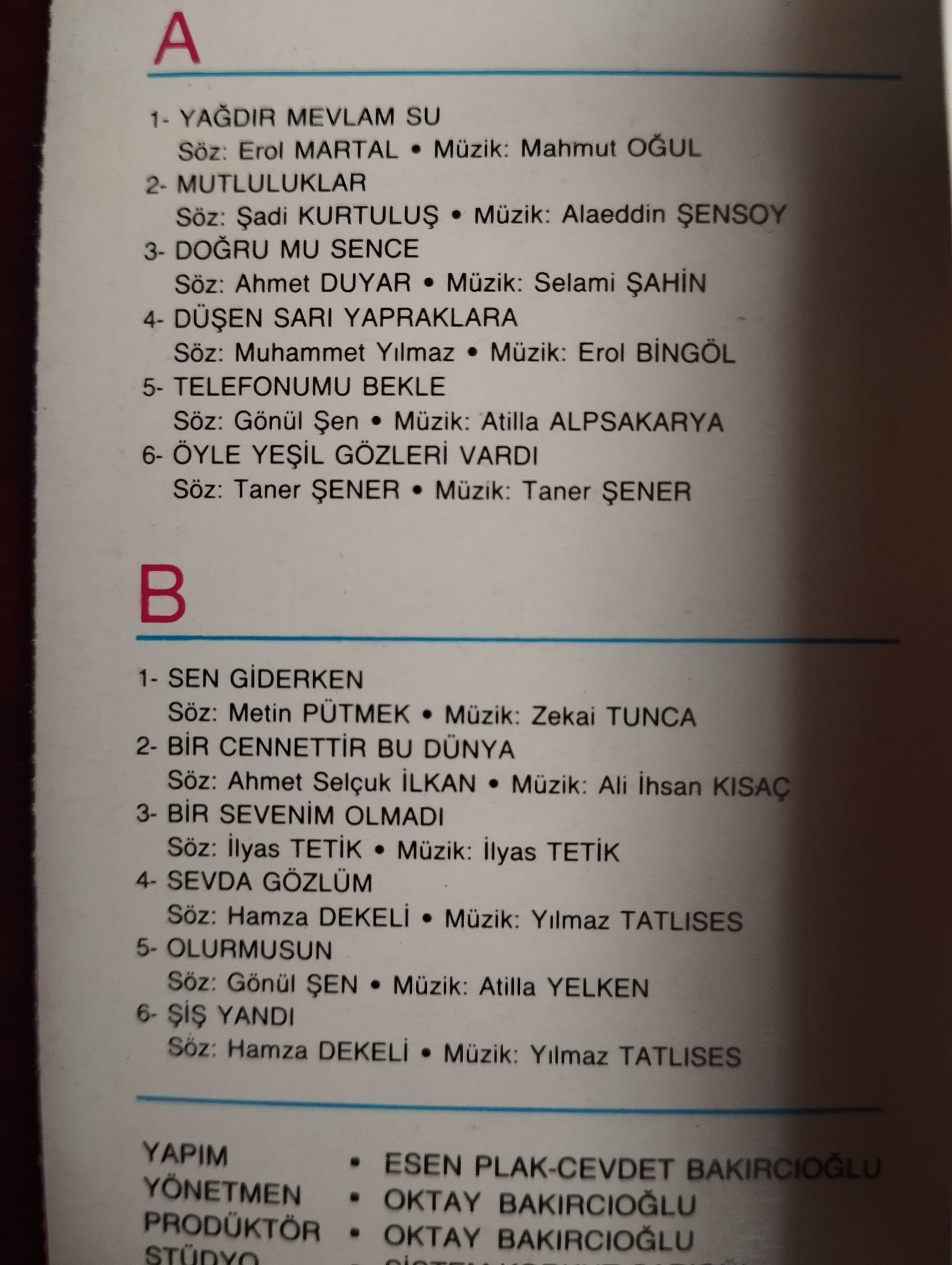 Atilla Yelken - Tarabya’dan Sevgilerle  -  1987 Türkiye Basım Kaset Albüm-2.El