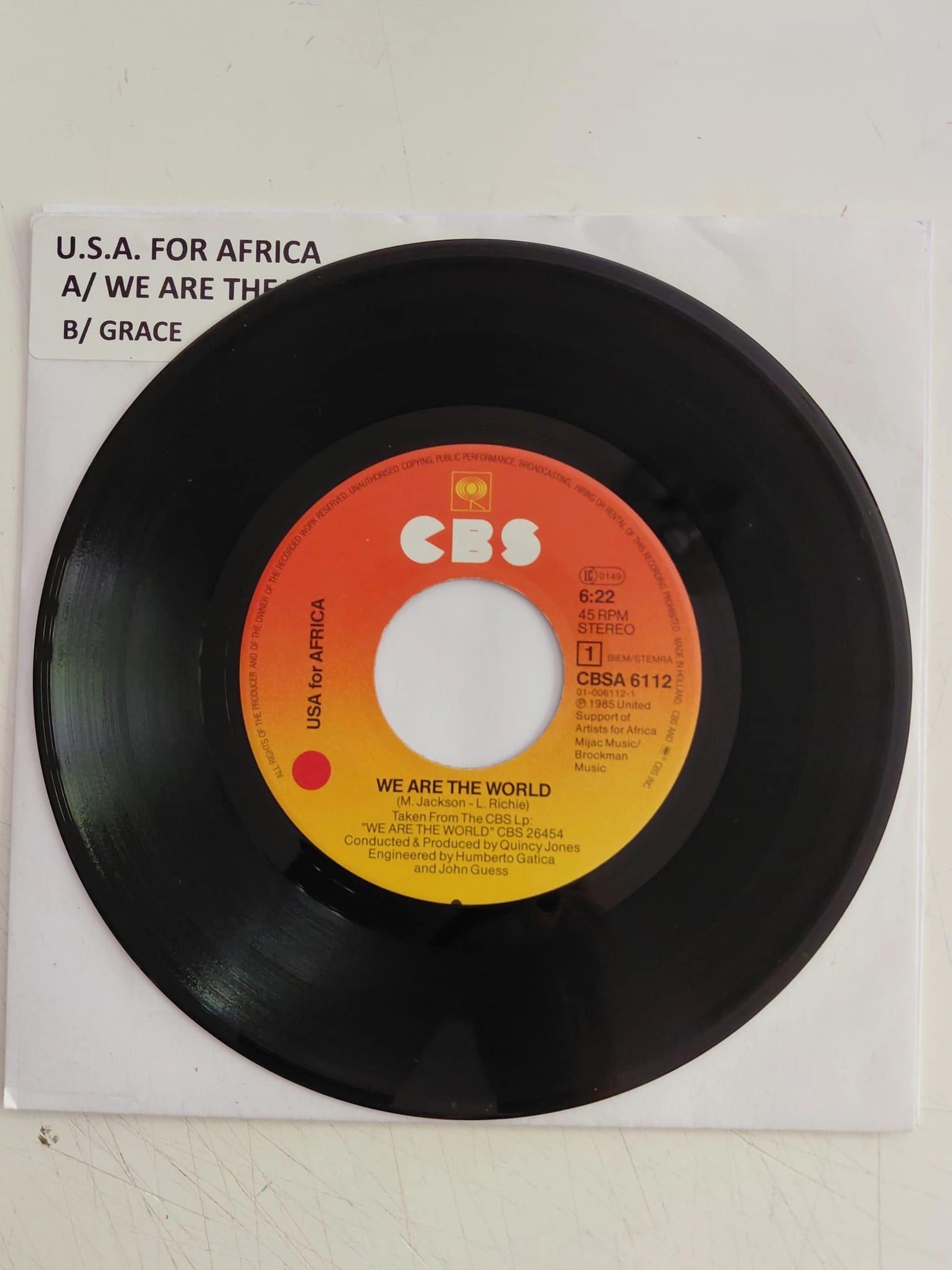 USA For Africa – We Are The World - 1985 Hollanda Basım 45’lik Plak/Kapaksız-2.el