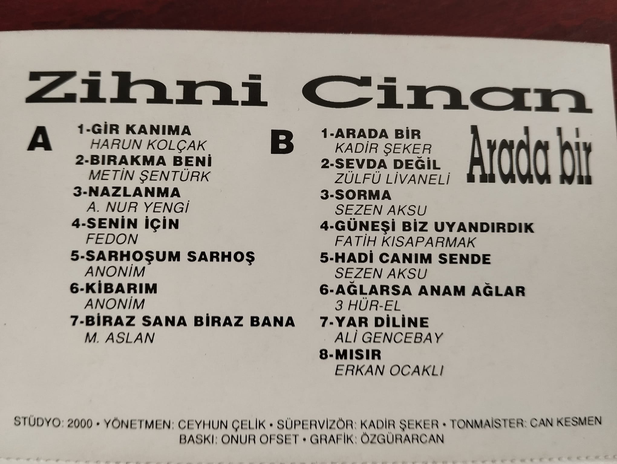 ZİHNİ CİNAN -  ARADA BİR  - 1992  Almanya Basım   Kaset -2.EL
