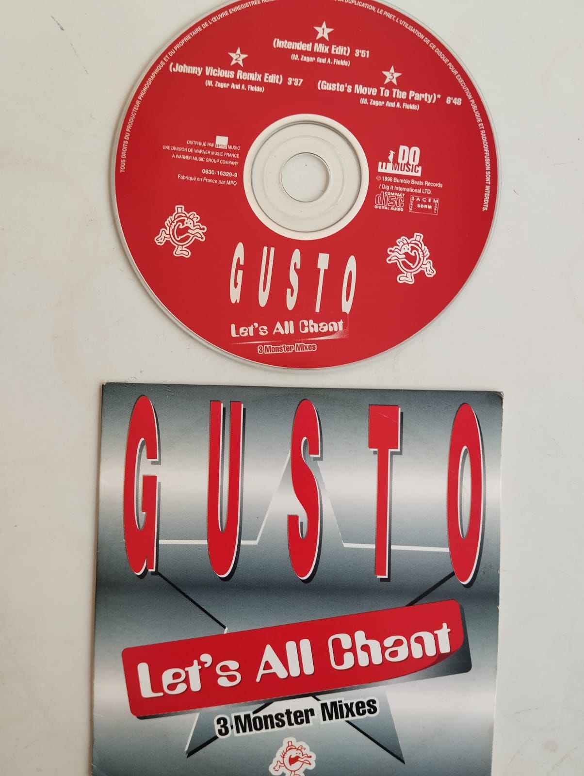 Gusto – Let’s All Chant (3 Monster Mixes) - 1996 Avrupa Basım 2. El CD, Single, Cardboard Sleeve