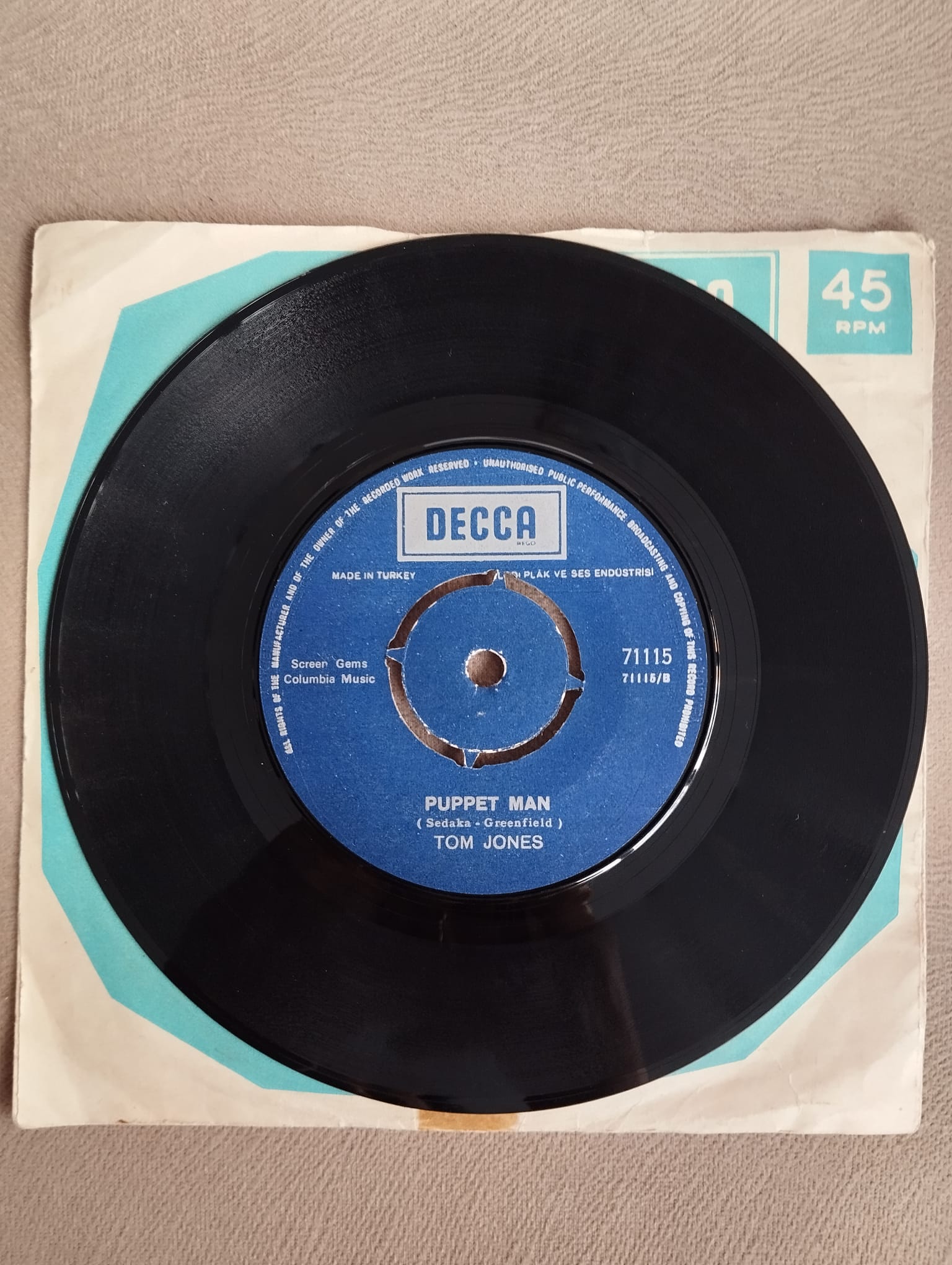 Tom Jones – Puppet Man / You’re my world  -  Türkiye Basım 45lik Plak-2.EL