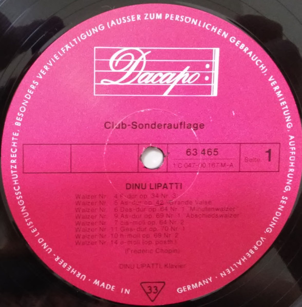 Dinu Lipatti - Frédéric Chopin – Vierzehn Walzer - 1973  Almanya Basım 33 Lük LP  Plak Albüm