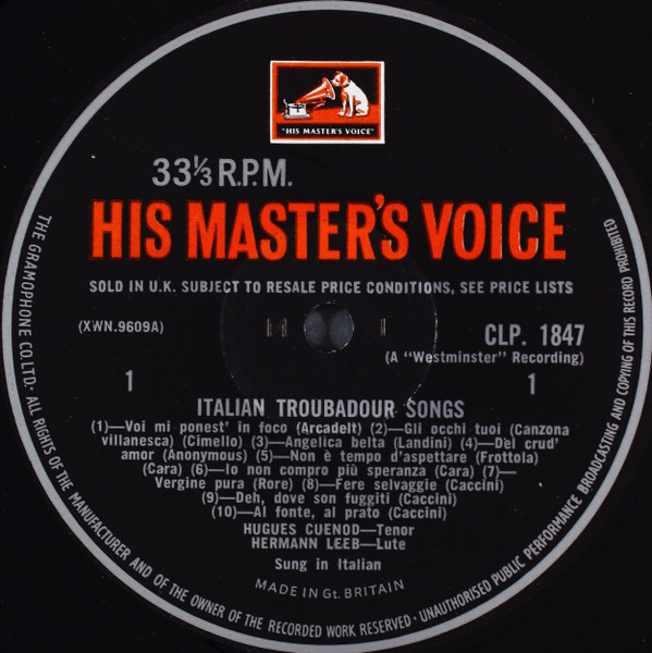 Hugues Cuenod – Italian Troubadour Songs - İngiltere Basım 33 Lük LP Plak Albüm