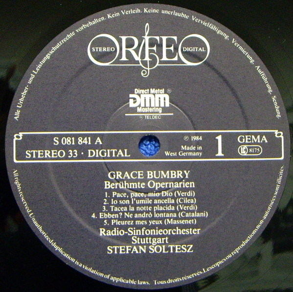 Grace Bumbry - Radio-Sinfonieorchester Stuttgart - 1984 Almanya Basım 33 Lük LP Plak Albüm 2. el