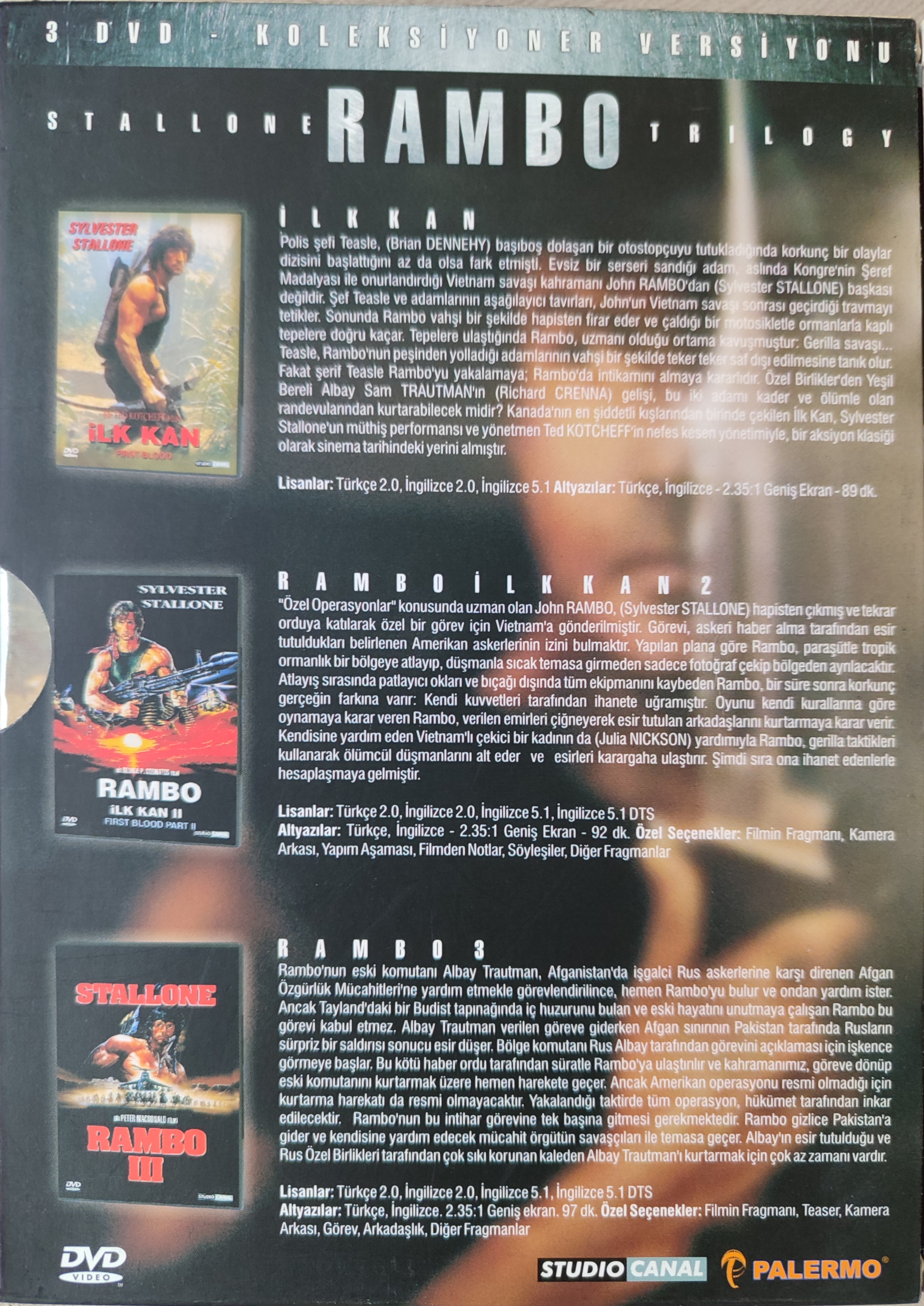 STALLONE RAMBO TRIOLOGY - 3 DVD Koleksiyoner Versiyonu - İlk Kan I-II-III - 2. el