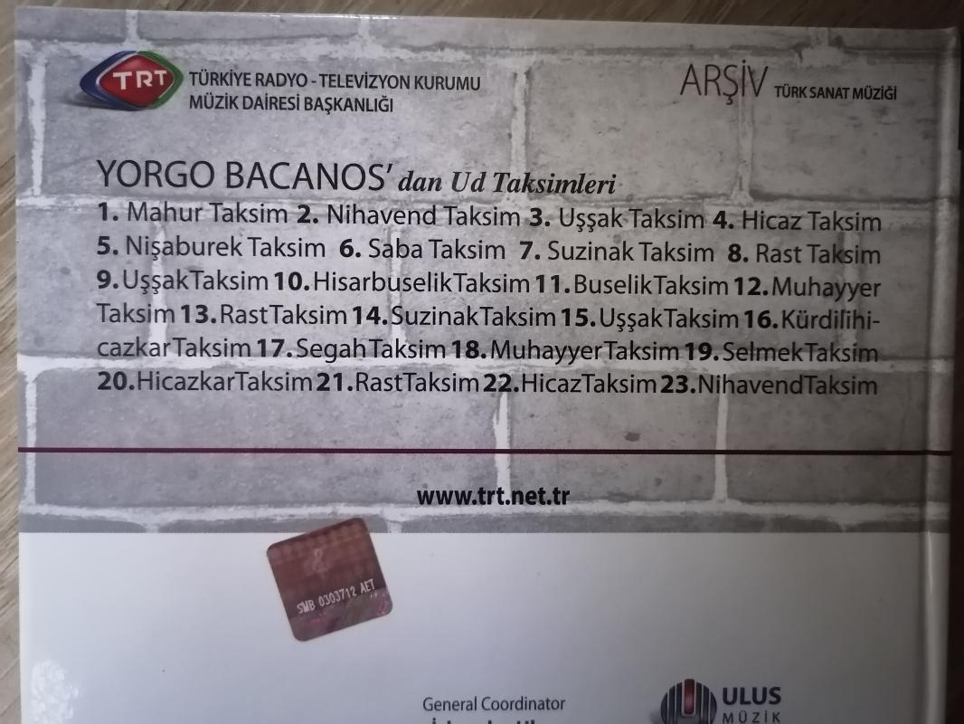 TRT Arşiv Serisi 152 - YORGO BACANOS’dan Ud Taksimleri / 1950-1953  Radyo Kayıtları - CD ALBÜM