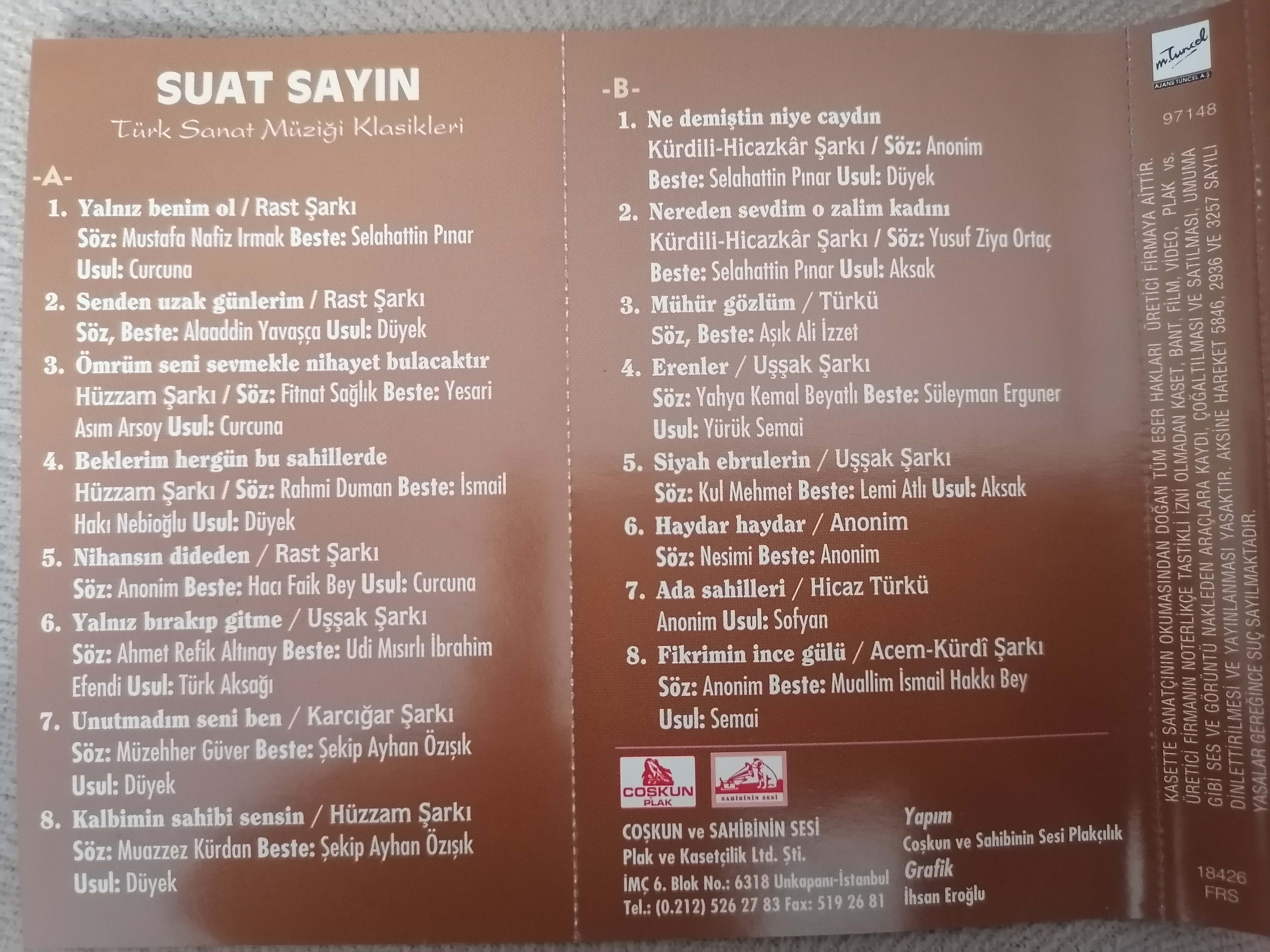SUAT SAYIN - Türk Sanat Müziği Klasikleri - 1987 Türkiye Basım 2. El Kaset