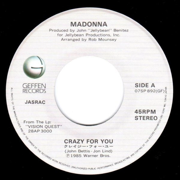 MADONNA - Crazy For You / I’ll Fall in Love Again - Japonya 1985 Basım 45lik Plak 2.EL