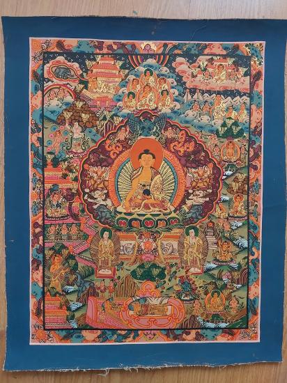 ORJİNAL NEPAL EL YAPIMI MANDALA ( BUDHA NIN HAYATI ) -Simli Boyalarla Çizilmiş,Meditatif 34cmX40cm Ebatlarında