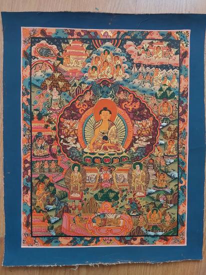 ORJİNAL NEPAL EL YAPIMI MANDALA ( BUDHA NIN HAYATI ) -Simli Boyalarla Çizilmiş,Meditatif 34cmX40cm Ebatlarında