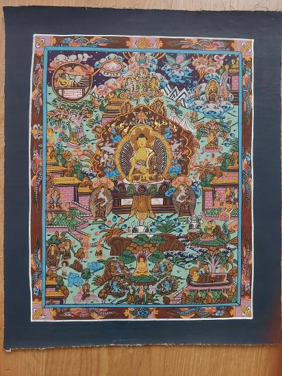 ORJİNAL NEPAL EL YAPIMI MANDALA ( BUDHA NIN HAYATI ) -Simli Boyalarla Çizilmiş,Meditatif 34cmX40cm Ebatlarında