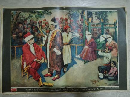 ORTA OYUNUNUN İKİ BÜYÜK SİMASI-RESSAM MUAZZEZ BEYİN FIRÇASINDAN HAYAT DERGİSİ ORTA SAYFASI-34X50 cm Boyutlarında