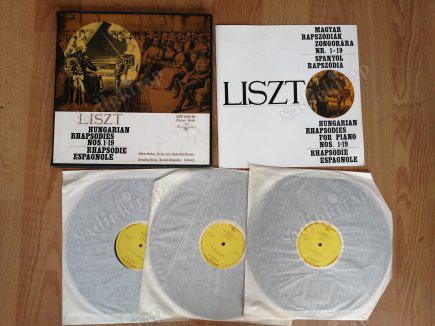 LISZT - HUNGARIAN RHAPSODIES NOS 1-19/ RHAPSODIE ESPAGNOLE ( PIANODA ;GABOS,LUX,TORMA,TUSA,ZEMPLENI) MACARİSTAN DÖNEM BASIM 3 LP LİK  BOX SET PLAK